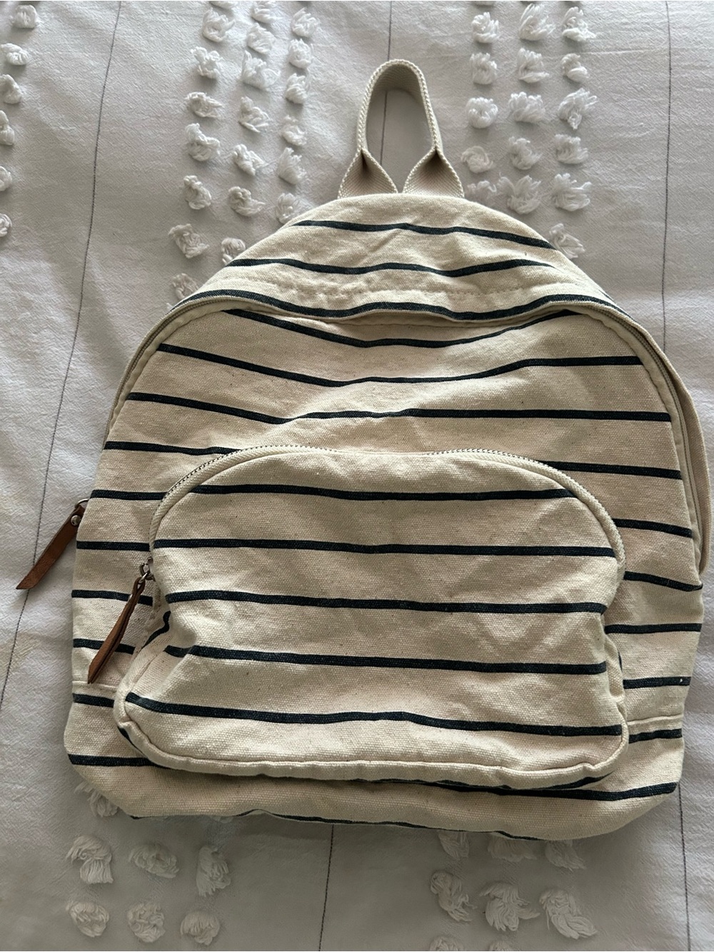 Striped Cream and Black Canvas Backpack with Front Pocket